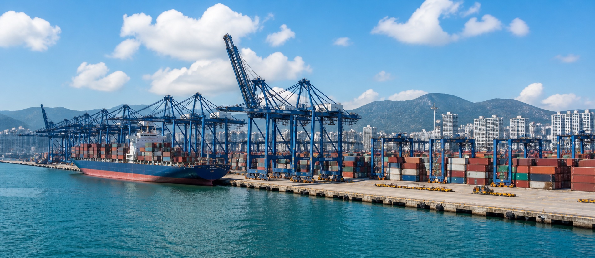 晴朗天氣下的香港貨櫃碼頭、貨輪與跨境物流設施
